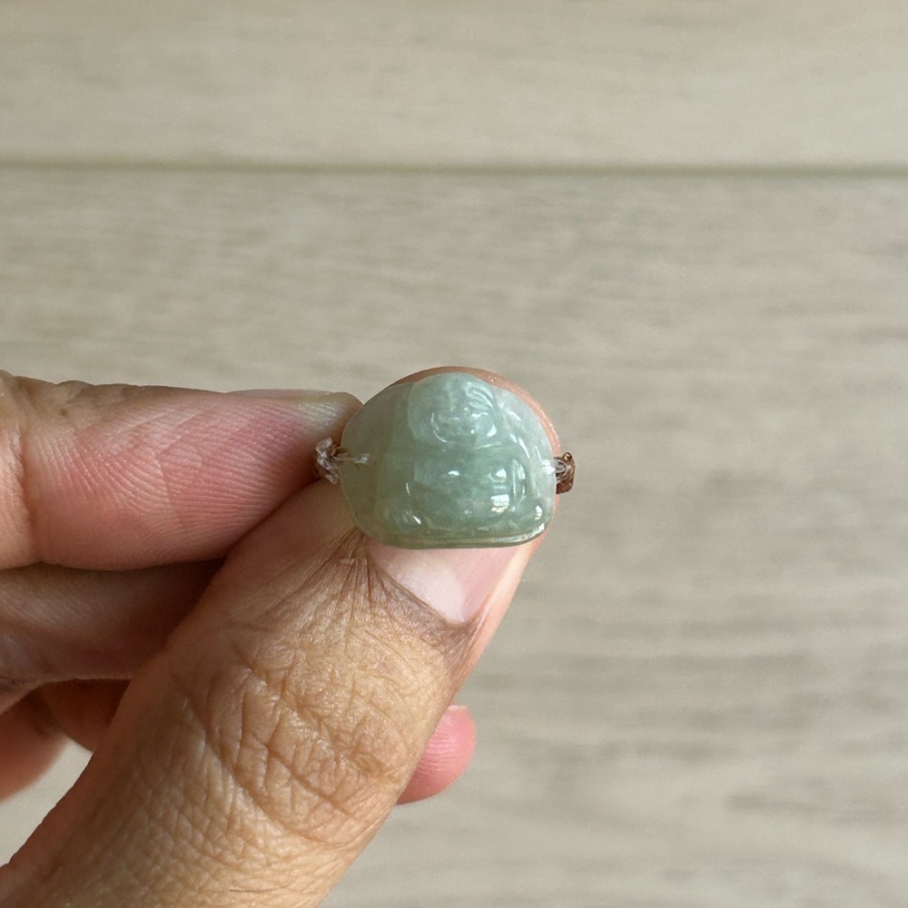 Green Jade Carved Laughing Buddha Ring, Size 7.5